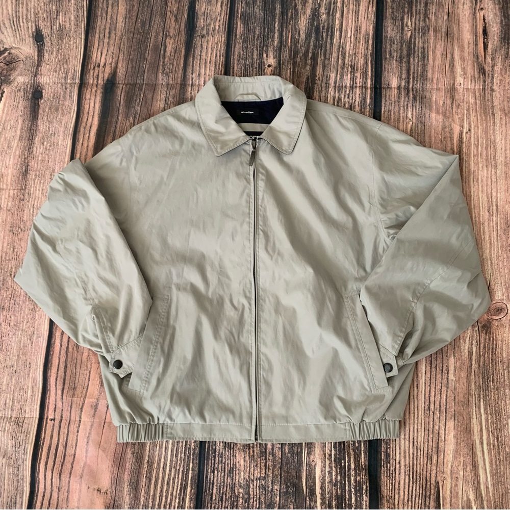Men’s Sz Large Microfiber beige tan full zip jacket comfy capsule piece